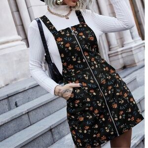 Bohemian Floral Print Zip Up Corduroy Mini Dress S M L XL